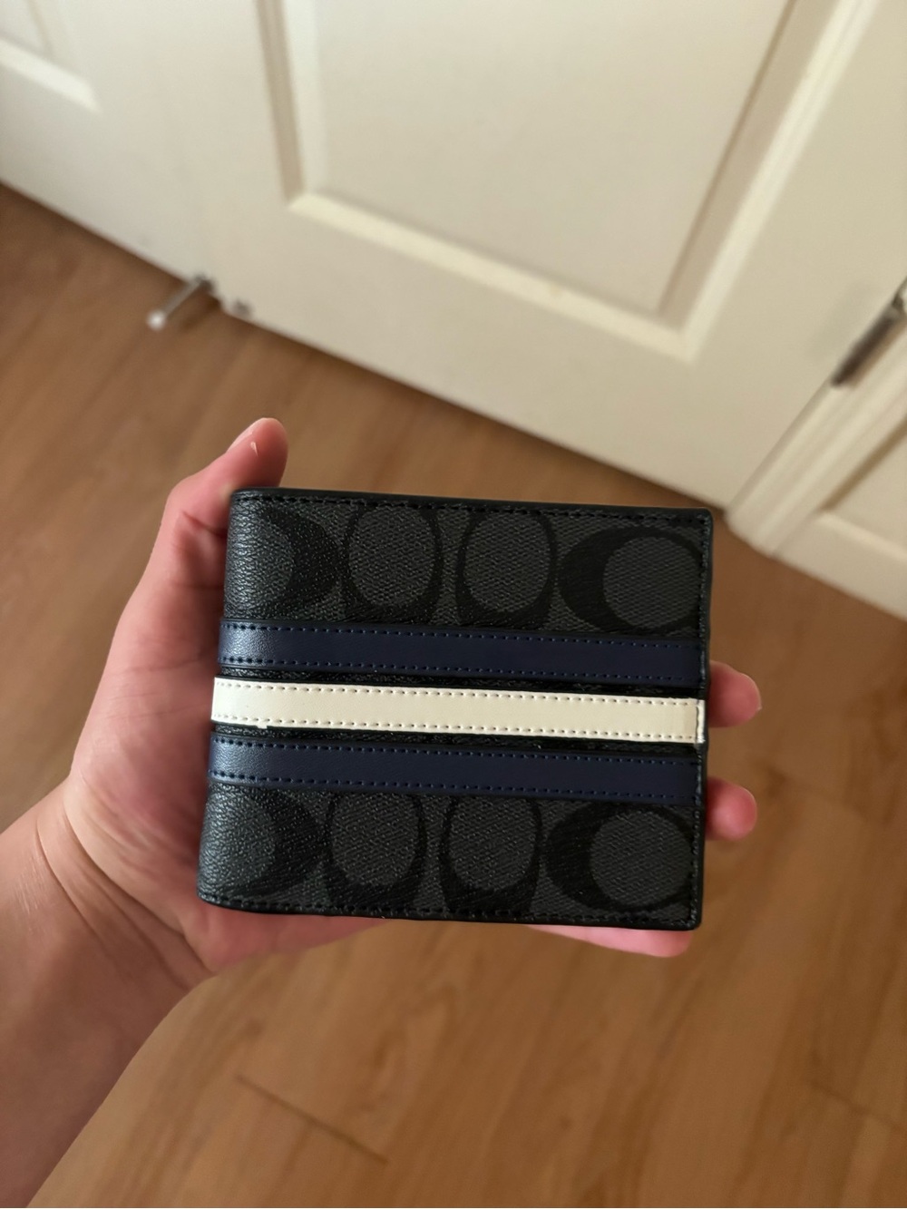 Coach Black Signature Canvas Bifold with Navy and White Stripe